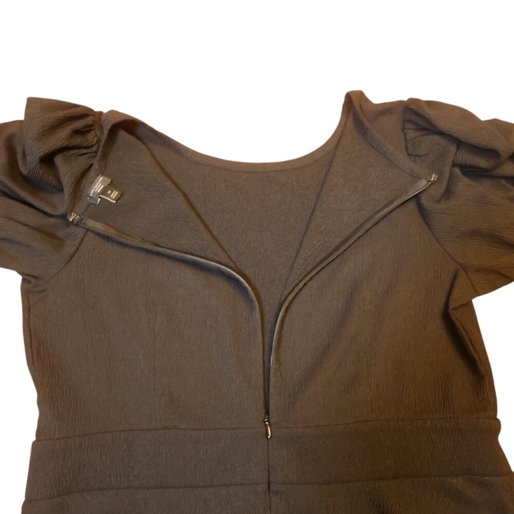 Ann Taylor Factory Black Puff Sleeve Dress Full Skirt Zip Back Sz 12P Normcore - Picture 9 of 15